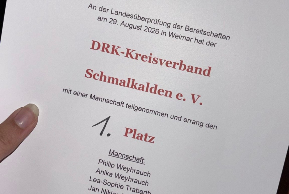 Landesüberprüfung Eine Urkunde über den ersten Platz bei der Landesüberprüfung für das DRK Schmalkalden